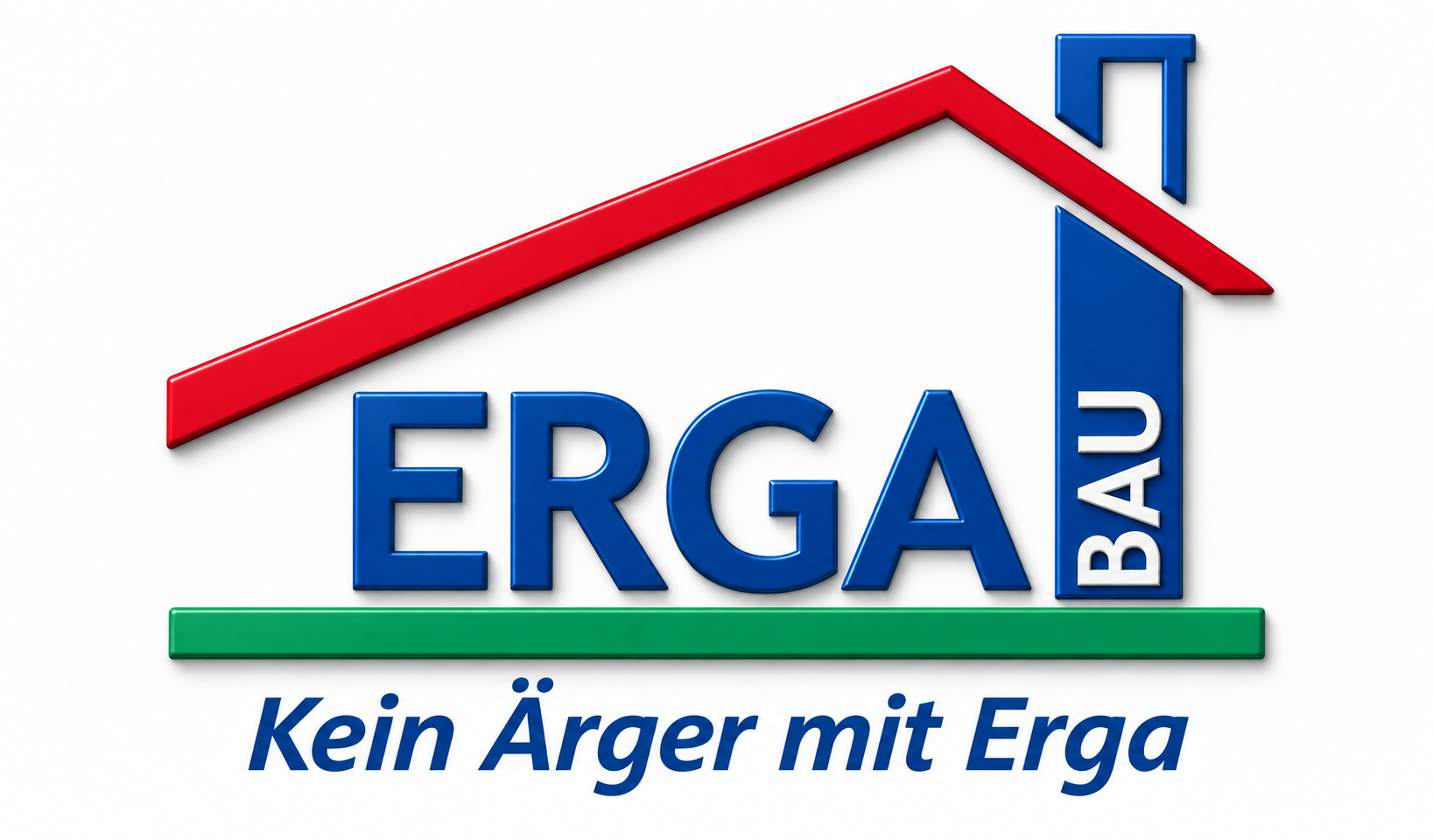 ERGA BAU – Logo mit rotem Dach, blauer Schrift und grünem Sockel